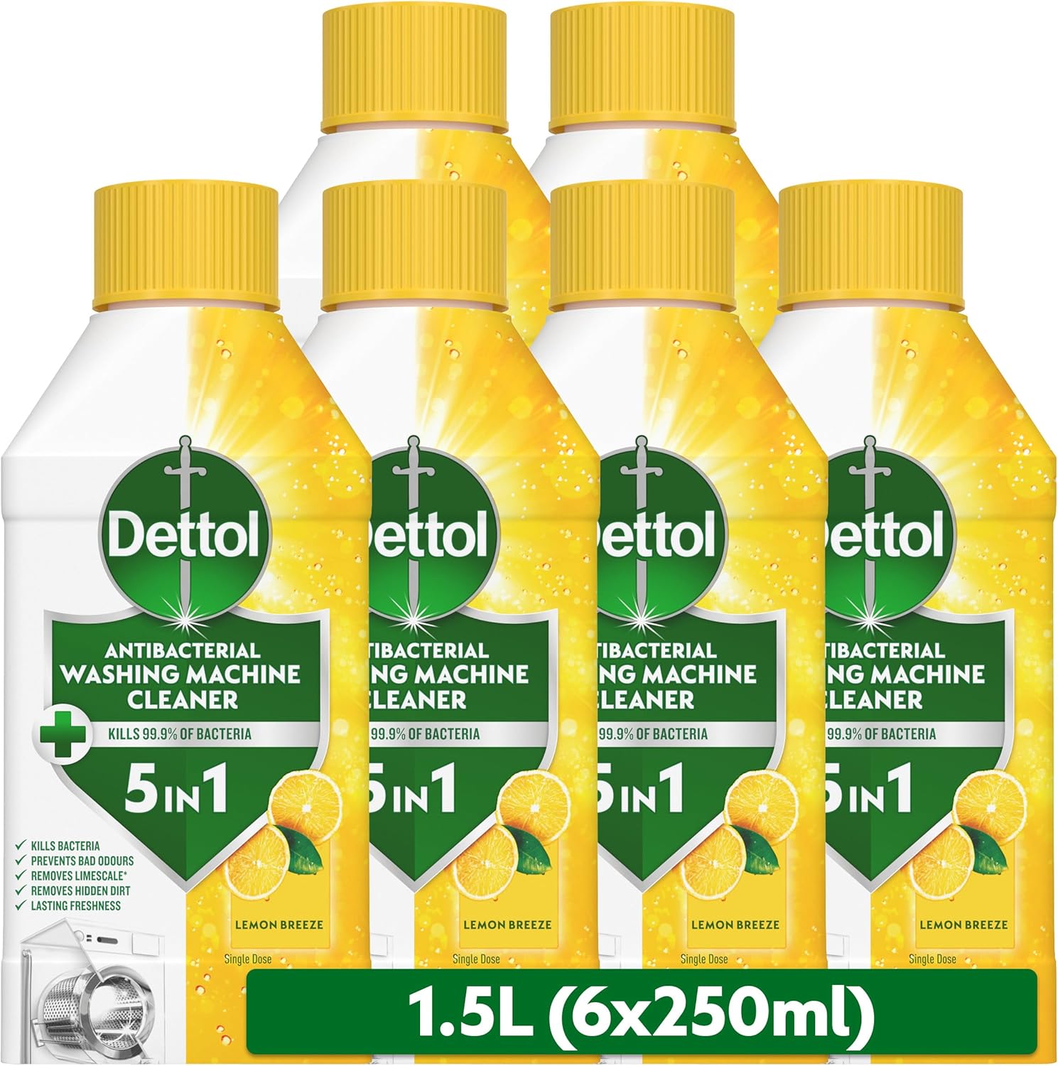 Dettol Washing Machine Cleaner, Lemon, Multipack of 6 X 250ml, Total of 1.5L, Wasing Machine Limescale Remover, Washing Machine Descaler, Antibacterial, Disinfectant, Laundry