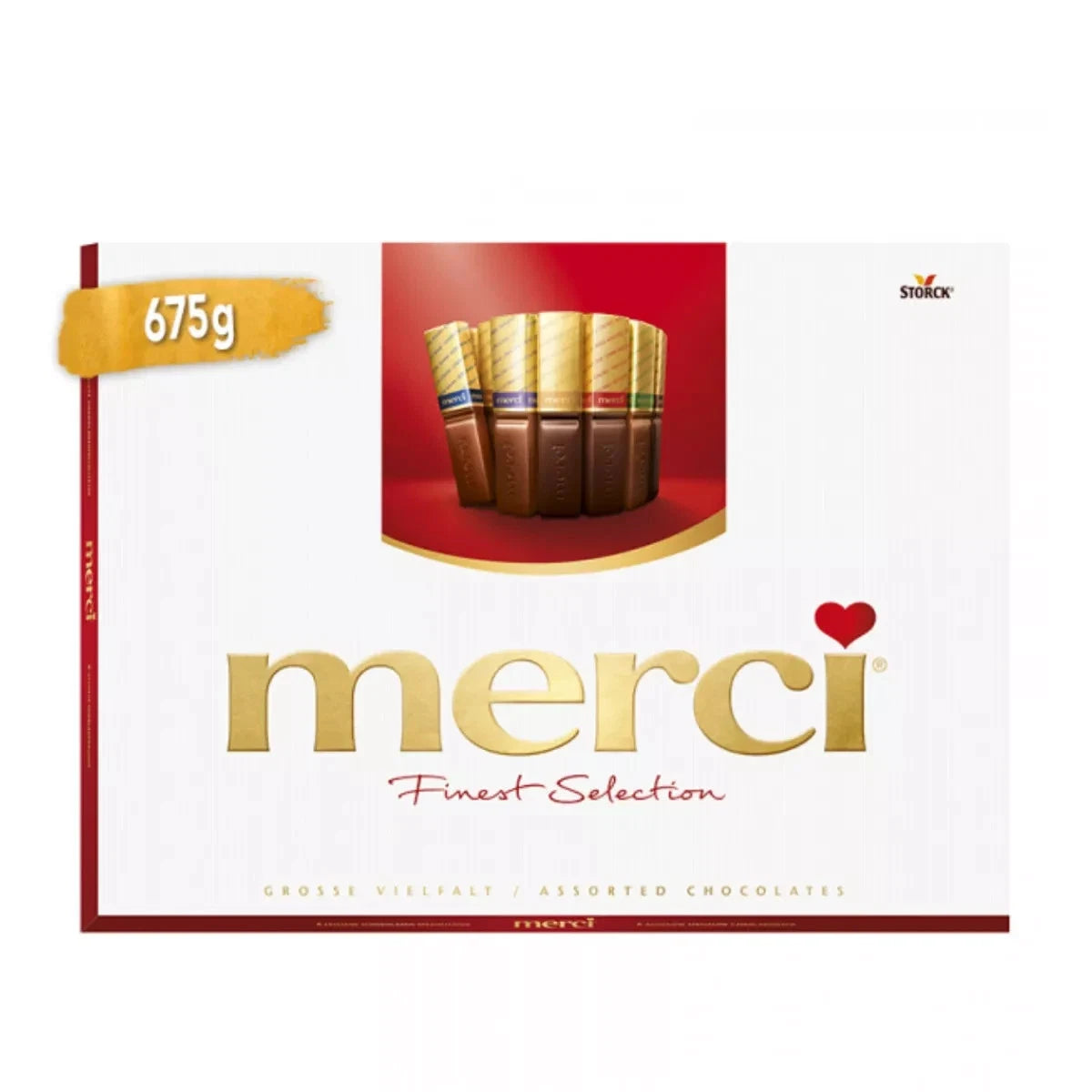 MERCI chocolate box, MERCI assorted chocolates, MERCI 675g finest selection, European chocolate gift box, premium assorted chocolates, MERCI gift box, luxury chocolates, assorted pralines, MERCI bulk buy, thank you chocolates.