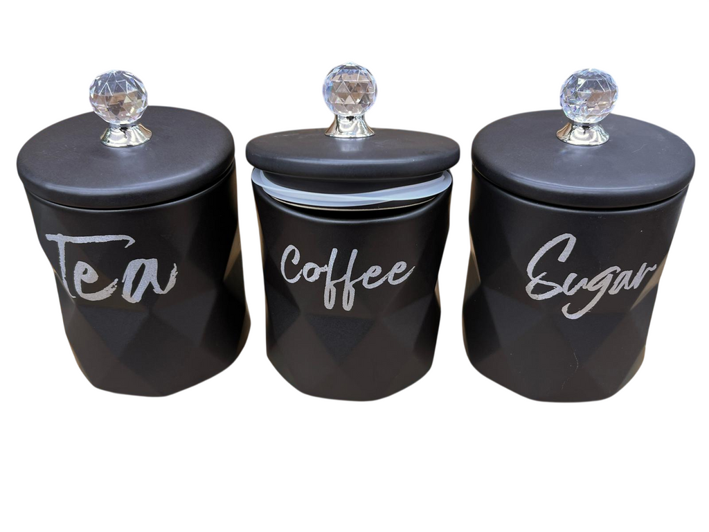 3-Piece Matte Black Geometric Tea, Coffee & Sugar Canister Set with Crystal Knobs
