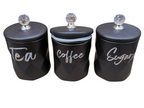 3-Piece Matte Black Geometric Tea, Coffee & Sugar Canister Set with Crystal Knobs