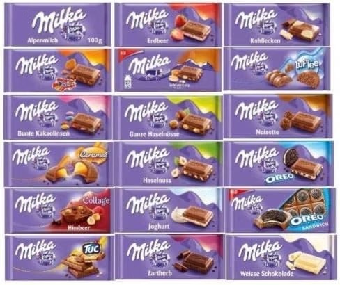 Milka Premium European Alpine Milk Chocolate Bars Variety Pack 18 Full Size Wrapped Candy Bulk Gift Hamper Box For Birthdays Christmas Caramel Hazelnut Strawberry Biscuit White Dark Assorted Treats & Snacks