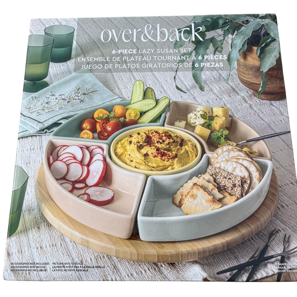 over&back 6-Piece Ceramic Lazy Susan Set with Wooden Turntable Base - Premium Serving Platter