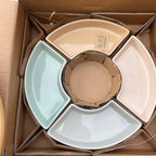 over&back 6-Piece Ceramic Lazy Susan Set with Wooden Turntable Base - Premium Serving Platter