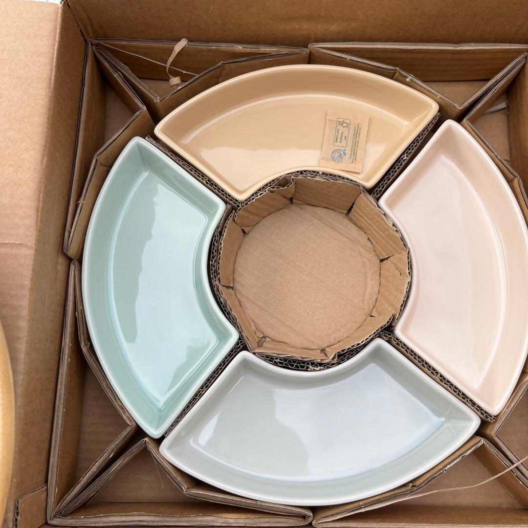 over&back 6-Piece Ceramic Lazy Susan Set with Wooden Turntable Base - Premium Serving Platter