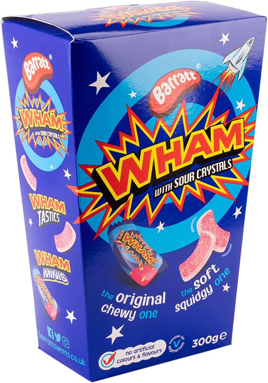 Barratt WHAM 300g, retro sweets, fizzy chew bars, raspberry WHAM, nostalgic sweets, sherbet centre, British candy, share bag, kids party sweets, chewy toffee bars.